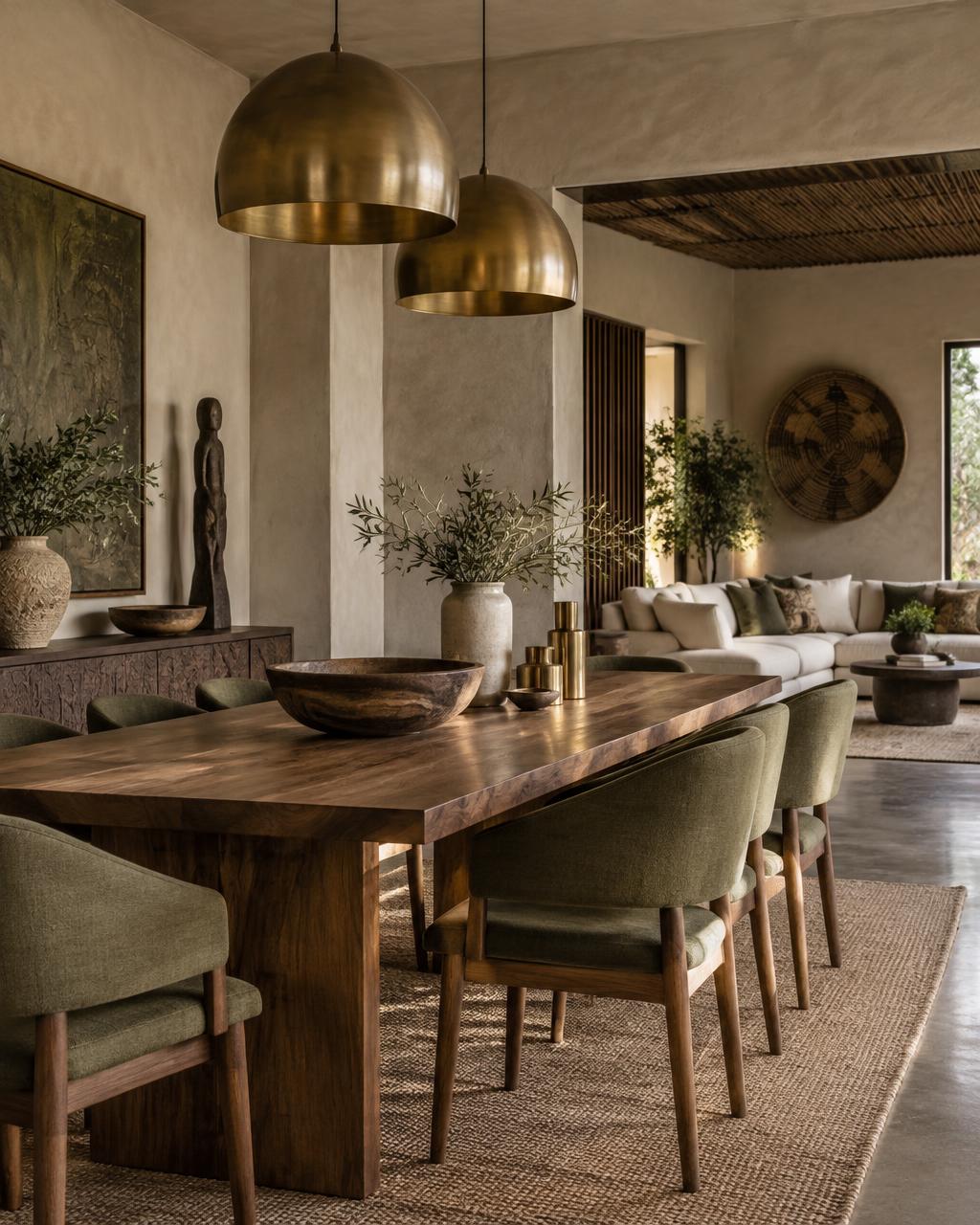 Warm dining room with natural timber and olive upholstery